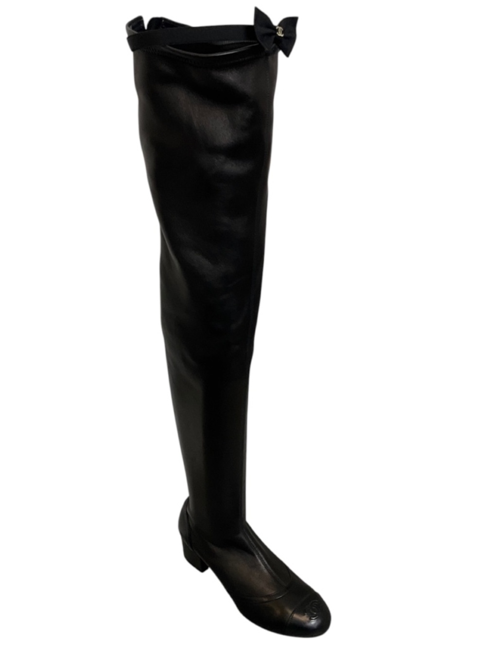 Chanel Black Interlocking CC Logo Cap Toe Over-the-Knee Thigh High Stretch Smoo